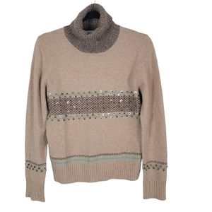 D.Terrell Brown Wool Beaded‎ Sequin Turtleneck Sweater Sz Medium